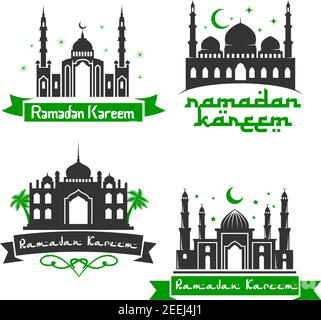Ramadan Kareem Muslim holiday greeting with mosque minarets, crescent moon light and shining star in sky. Vector icons set with calligraphy text for I Stock Vector