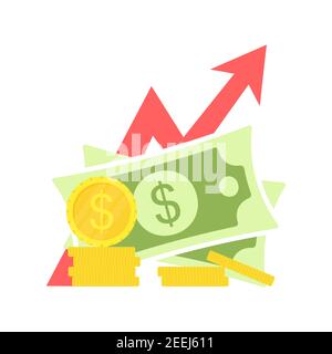 Retirement money with arrow. Dollar and coin symbol. Business success strategy concept. Vector illustration isolated on white. Stock Vector