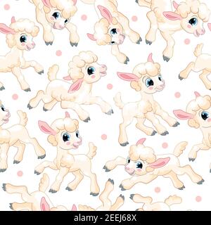 Seamless vector pattern. Cute cartoon characters white lambs and confetti. Colorful illustration isolated on white background. Spring easter concept. Stock Vector