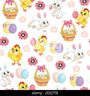 Seamless vector pattern with Easter concept. Rabbits, chickens and basket with easter eggs. Colorful illustration isolated on white background. For pr Stock Vector