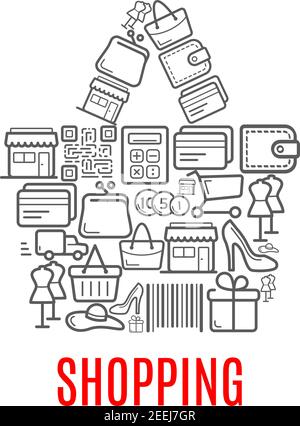 Shopping bag symbol made up of sale icons such as money, shopping cart, gift box, wallet, store, discount price tag, delivery truck, bank card, barcod Stock Vector