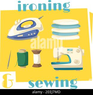 Ironing and sewing household chores cartoon icon. Steam iron with pile of ironed laundry and sewing machine with sewing thread spool and needle for ho Stock Vector