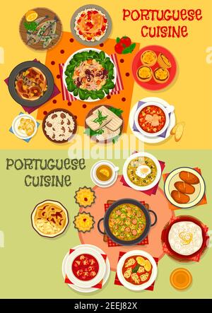 Portuguese cuisine seafood menu icon set. Grilled fish with cream sauce, fish tomato and vegetable sausage soup, octopus bean salad, chicken stew, cus Stock Vector