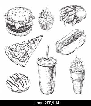 Hand Drawn Set Fast Food Vector illustration Stock Vector