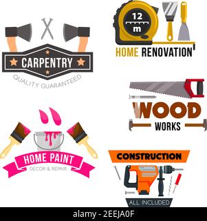 Work tool and hardware icons set of screwdriver, hammer, paint, brush, drill and trowel, spatula, axe and saw, tape measure and nail. Home repair and Stock Vector