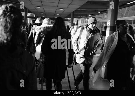 STRATFORD, LONDON - 18TH MARCH 2019: Commuters walk through Stratford Station towards the Jubilee Line underground platform. Stock Photo