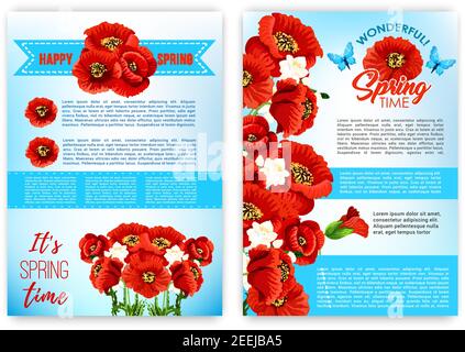 Happy spring floral poster set. Greeting ribbon banner with spring flower bouquet and blooming flower border of poppy, lily and jasmine green branches Stock Vector