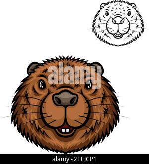 Beaver animal head cartoon icon. Brown beaver, amphibious rodent with pair of sharp tooth and short fur. Zoo mascot, t-shirt print, forest wildlife th Stock Vector