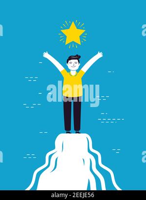 Man is standing on top of mountain. Success concept vector illustration Stock Vector