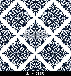 Floral seamless pattern of blue damask ornament on white background with diamond shaped flower and leaf compositions. Wallpaper, tile and interior acc Stock Vector