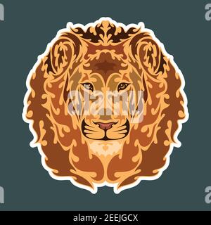 Hand drawn abstract portrait of a lion. Sticker. Vector stylized colorful illustration isolated on dark background. Stock Vector