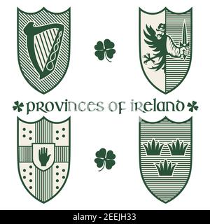 Irish Celtic design in vintage, retro style. Irish design with coat of arms of the provinces Connacht, Leinster, Munster and Ulster Stock Vector
