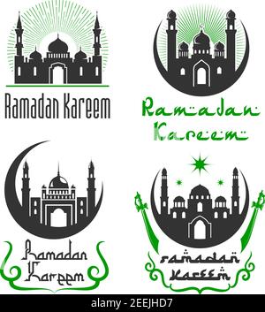 Ramadan Kareem greetings of mosque, crescent moon and shining star in sky, lanterns in minarets and Arabic calligraphy for Islamic or Muslim tradition Stock Vector