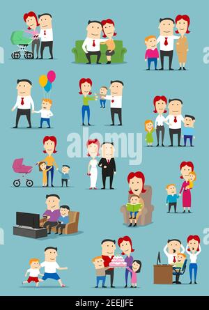 Family people with baby and kid cartoon set. Mother, father, son and daughter characters reading book, playing video games, celebrating birthday, walk Stock Vector