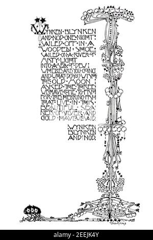 Wynken, Blynken, and Nod children’s poem lettering by Jessie M King in 1899 The Studio an Illustrated Magazine of Fine and Applied Art Stock Photo