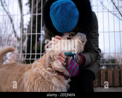 Young blonde woman in winter, posing with her shepherd dog Stock Photo