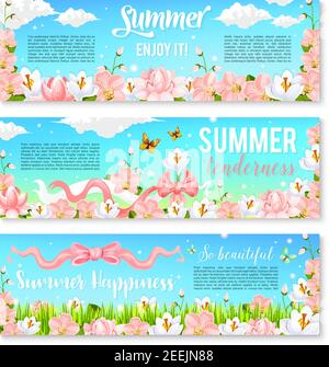 Enjoy summer banners of blooming orchids or crocuses and floral bouquets of daffodils flowers in green grass field. Vector design of summer nature in Stock Vector