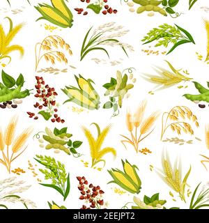 Cereals and grain vector seamless pattern. Wheat and rye ears, buckwheat seeds and oat or barley millet farmer plant and rice sheaf. Agriculture harve Stock Vector