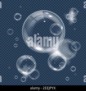 White underwater bubble isolated on transparent background. Realistic vector illustration of air or soap water bubbles with reflections. Concept of Stock Vector