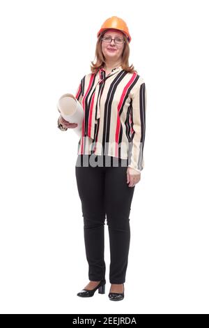 in full growth. smiling woman architect with drawings Stock Photo