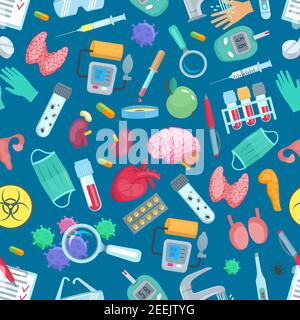 Medical seamless pattern of medicine treatments and human organs. Vector healthcare items of syringe, stethoscope and surgery scalpel. Pills and virus Stock Vector