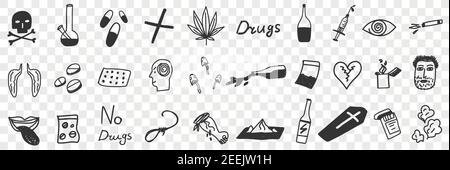 Danger of drugs doodle set. Collection of hand drawn drugs pills lungs alcohol grass bottles addiction symbols poison coffins suicide human brain mushrooms isolated on transparent background Stock Vector