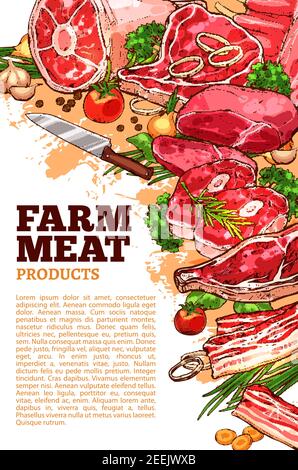 Fresh meat product of organic farm banner. Beef steak, ham, pork rib and bacon, lamb chop, liver and tenderloin sketches with vegetable, herb and spic Stock Vector