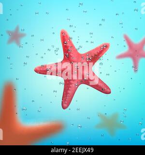 Starfish floating in ocean underwater. Vector poster for summer holiday vacation or tropical paradise travel or summertime tourism template. Marine st Stock Vector