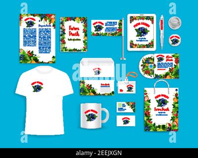 Berry corporate vector identity templates set of branding promo supplies icons of stationery, t-shirt apparel, business cards, flags or mugs and blank Stock Vector