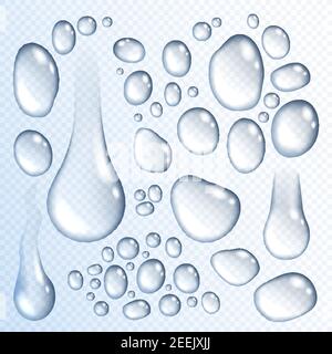 Water drops set on transparent background. Realistic isolated vector 3D dew droplets or raindrops flowing or dripping on surface, water condensation s Stock Vector