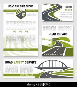 Road safety construction company posters and banners templates set. Vector design for highway and tunnel and bridge building and repair technology for Stock Vector