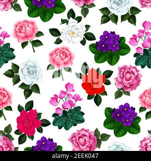 Spring flowers pattern of floral bouquets. Seamless vector design of roses, viola blossoms and flourish begonia petals or garden crocuses and irises. Stock Vector