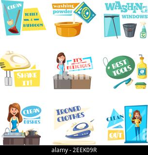 Housework washing, cleaning and laundry flat icons set. Vector housewife woman mopping, wash and clean windows and kitchen dishes tableware with deter Stock Vector