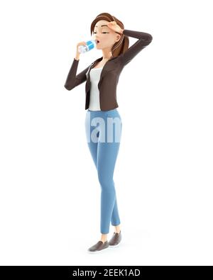 3d cartoon woman drinking water on bottle, illustration isolated on white background Stock Photo