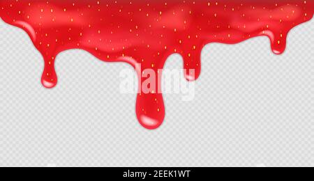Dripping strawberry jam. Realistic vector illustration of leaking sweet red syrup with seeds. Melting jelly or flowing dessert texture effect for Stock Vector
