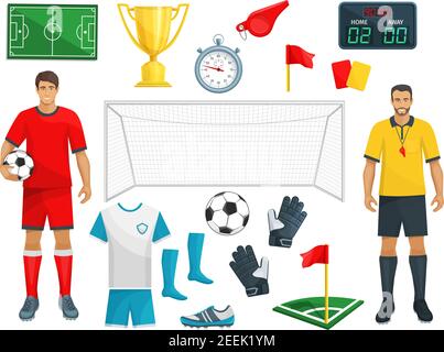 Football or soccer sport game vector isolated icons set of footballer player, referee whistle or red card, goalkeeper gates and football ball, flag on Stock Vector