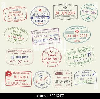 Passport stamps set of city names Los Angeles, New York, Helsinki, Stockholm, Vienna, Jakarta, Kuala Lumpur, Warsaw, Mexico, Brussels . Travel country Stock Vector