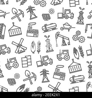 Industry seamless pattern of vector heavy or light and food or oil industrial symbols of machinery and agriculture farming, building, construction bui Stock Vector