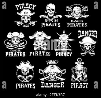 Jolly Roger skulls or pirate skeleton head icons on black flag background. Vector isolated piracy symbols of captain skull in tricorn sailor hat, cros Stock Vector