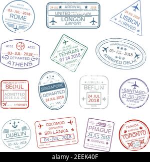 Passport stamps set with city names Rome Italy , London or Lisbon and Athens, Tehran or Delhi and Seoul, Singapore, Berlin Germany and Dublin, Colombo Stock Vector