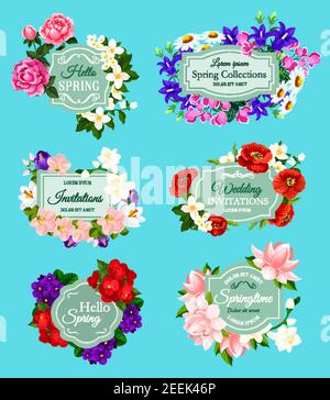 Spring flowers bouquets for wedding invitations and holiday greetings. Vector icons of springtime blooming roses and poppy blossoms, bunches of daisy Stock Vector
