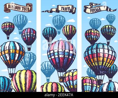Hot air balloon travel tour banners set for voyage and festival or cloudhopper entertainment show. Vector balloons sketch design in zig zag, checkered Stock Vector
