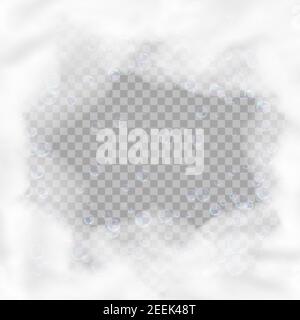 Bath foam square frame with bubbles isolated on transparent background. Realistic soap lather texture. Vector illustration of shampoo, gel or mousse Stock Vector