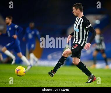 LONDON, ENGLAND - FEBRUARY 15: Newcastle United's Ciaran Clark during Premiership between Chelsea and Newcastle United at Stamford Bridge Stadium , Lo Stock Photo