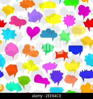 Seamless pattern with vector comic color speech bubbles on white background. Colorful banner, empty paper shape. Cartoon flat illustration for chat Stock Vector