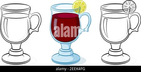 Glasses Goblets with a Drink and Lemon, Color and Black Contour Pictograms on White Background. Vector Stock Vector