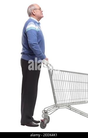 casual elderly man with shopping cart looking forward Stock Photo