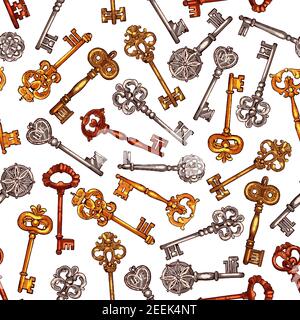 Key seamless pattern background. Vintage door key and medieval skeleton key sketches, decorated with heraldic victorian fleur-de-lis, crown, heart and Stock Vector