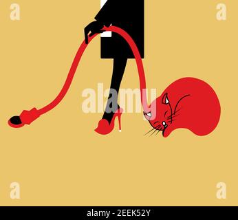 illustration of a maid with a vacuum cleaner in the shape of a cat, isolated on a yellow background Stock Photo