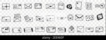Envelopes with letters doodle set. Collection of hand drawn envelopes with stamps for delivering letters mail and post packages isolated on transparent background Stock Vector